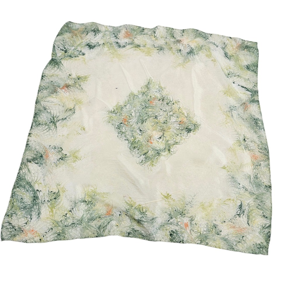 Vintage 60s 70s Green Ivory Marbled Feathered Square Scarf 16.75 in Grandma